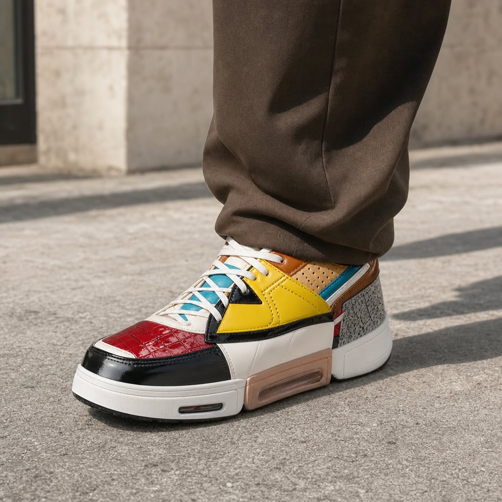 Asymmetrical Sneaker Layered Support Shock-Absorbing Sole Red Yellow – Side Angle View