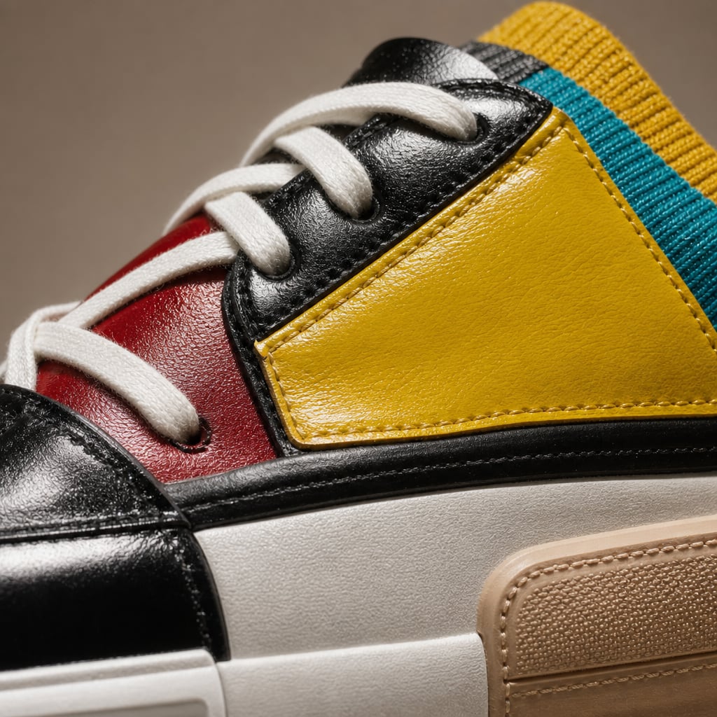 Asymmetrical Sneaker Layered Support Shock-Absorbing Sole Red Yellow – Fabric and Detail Close-Up