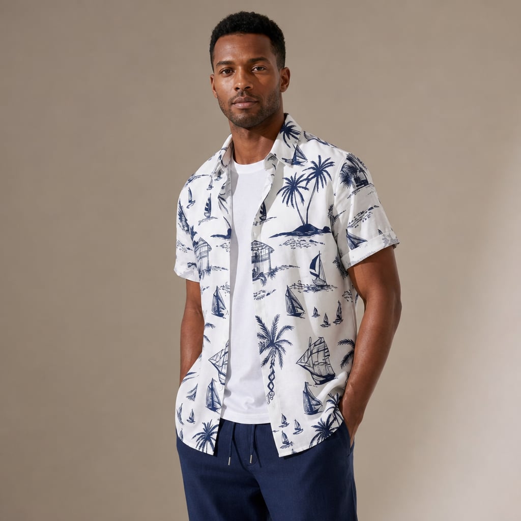 Button Up Shirt and Straight Leg Pants 2-Piece Set Island Print Navy – Side Angle View