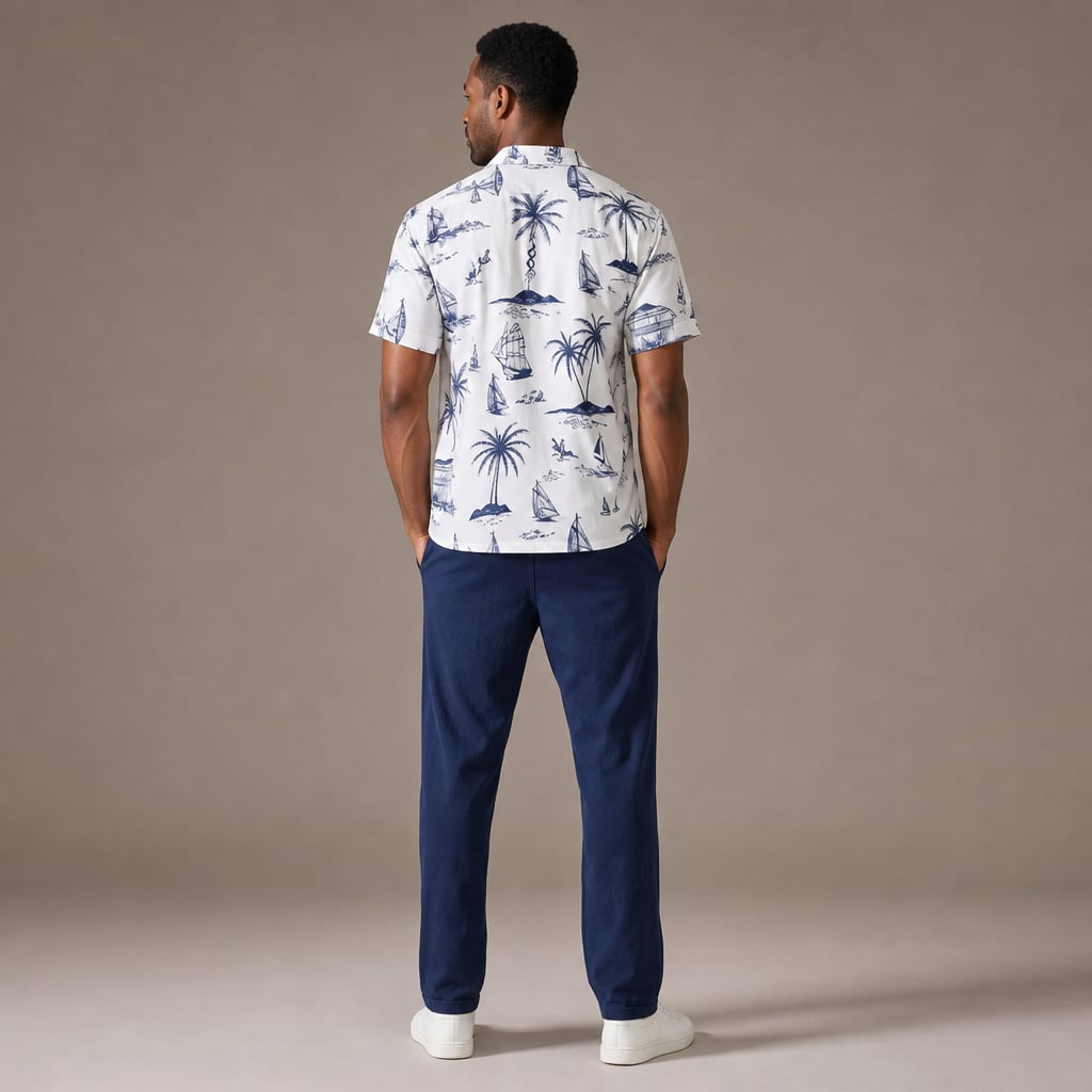 Button Up Shirt and Straight Leg Pants 2-Piece Set Island Print Navy – Full Look