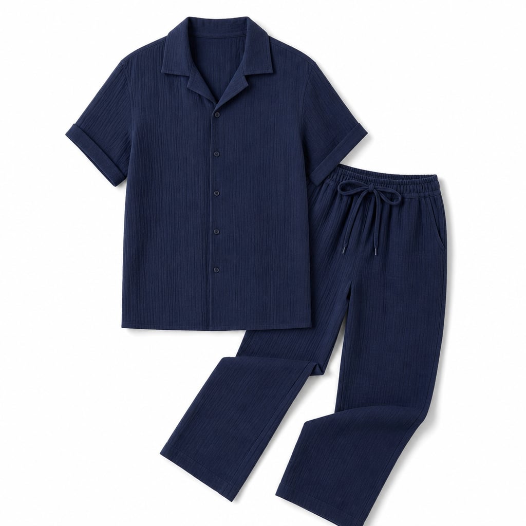 Button Up Shirt and Straight Leg Pants 2-Piece Set Island Print Navy – Product Photo