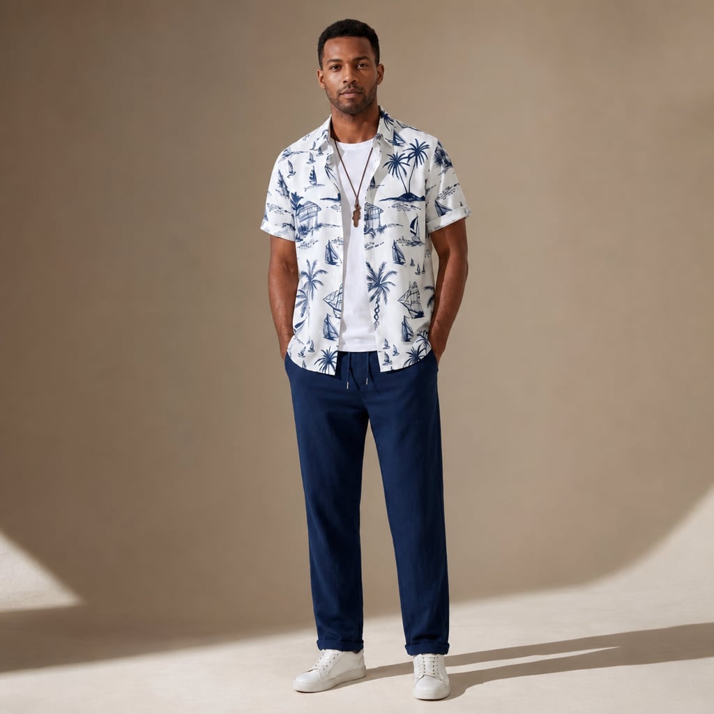 Button Up Shirt and Straight Leg Pants 2-Piece Set Island Print in Navy – Tarlano Premium Menswear