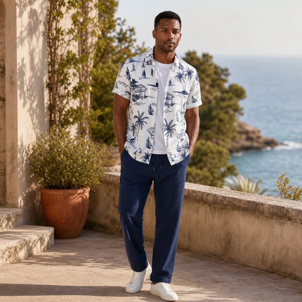 Button Up Shirt and Straight Leg Pants 2-Piece Set Island Print Navy – Styled Editorial Shot