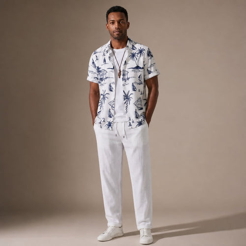 Button Up Shirt and Straight Leg Pants 2-Piece Set Island Print in White – Tarlano Premium Menswear