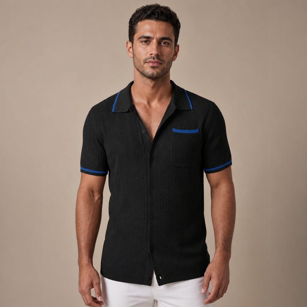 Camp Collar Shirt Men Openwork Panel Short Sleeve Button-Front in Black – Tarlano Premium Menswear