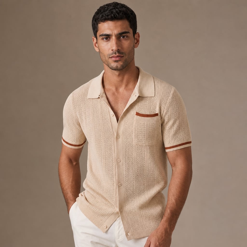 Camp Collar Shirt Men Openwork Panel Short Sleeve Button-Front Khaki – Side Angle View