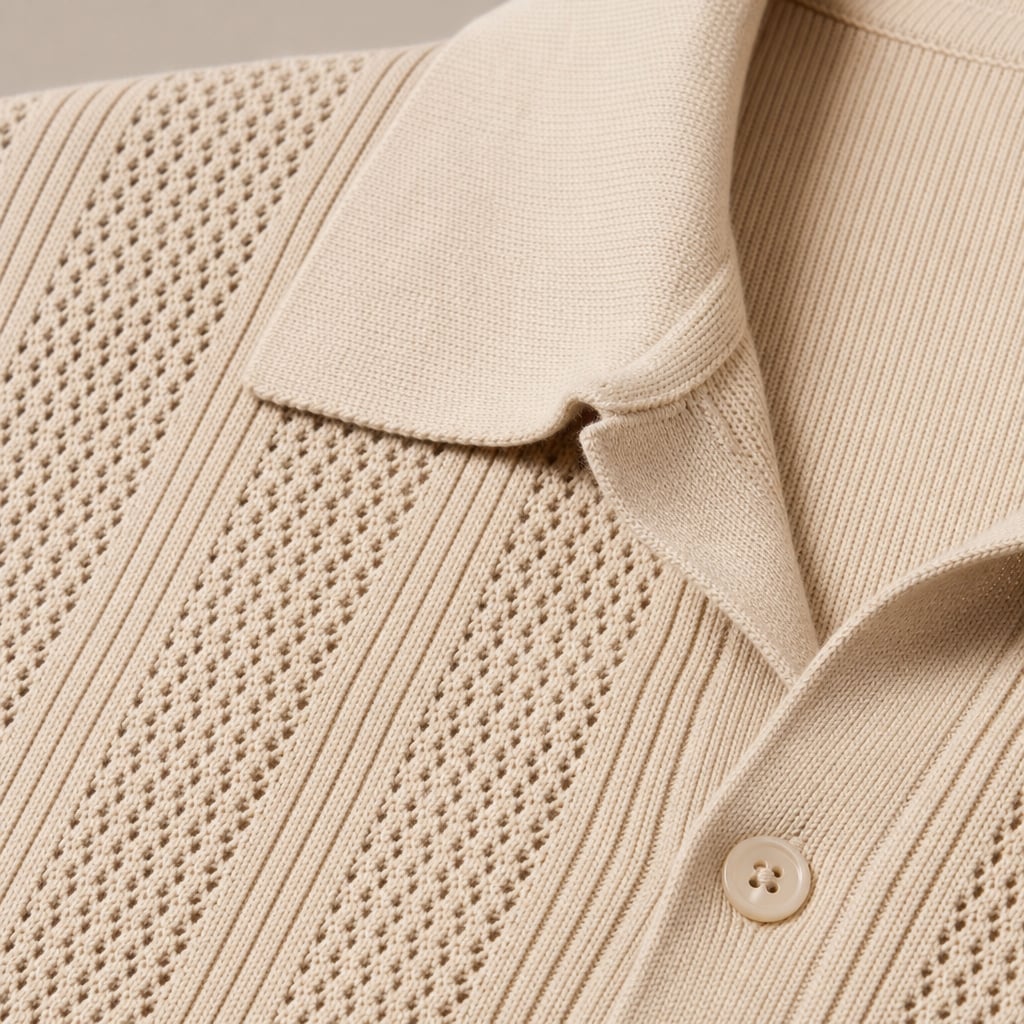 Camp Collar Shirt Men Openwork Panel Short Sleeve Button-Front Khaki – Fabric and Detail Close-Up
