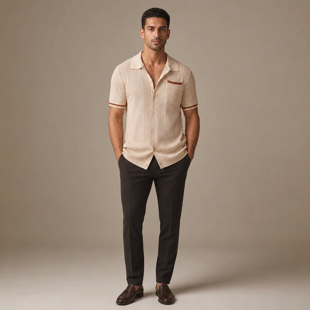Camp Collar Shirt Men Openwork Panel Short Sleeve Button-Front Khaki – Full Look