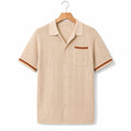 Camp Collar Shirt Men Openwork Panel Short Sleeve Button-Front Khaki – Product Photo