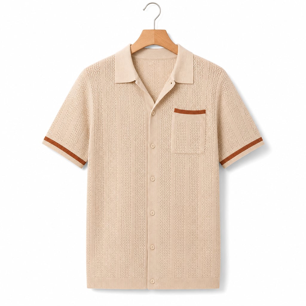 Camp Collar Shirt Men Openwork Panel Short Sleeve Button-Front Khaki – Product Photo