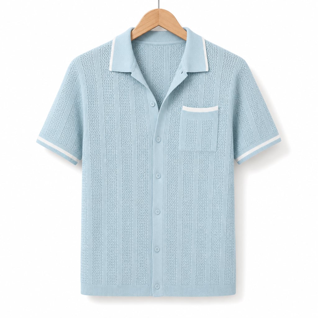 Camp Collar Shirt Men Openwork Panel Short Sleeve Button-Front Light Blue – Product Photo