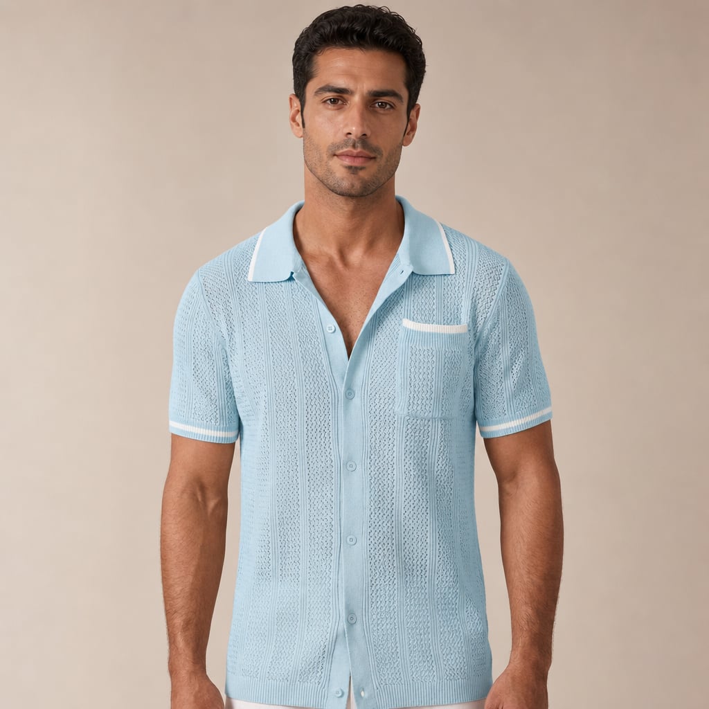 Camp Collar Shirt Men Openwork Panel Short Sleeve Button-Front in Light Blue – Tarlano Premium Menswear