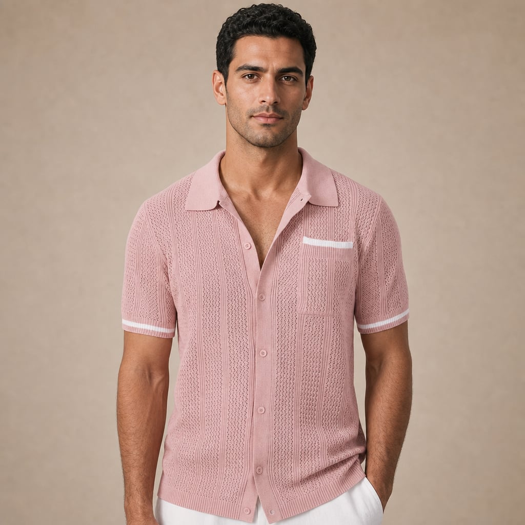 Camp Collar Shirt Men Openwork Panel Short Sleeve Button-Front in Pink – Tarlano Premium Menswear