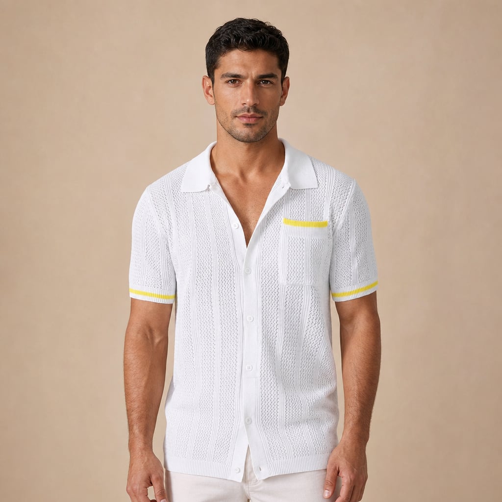 Camp Collar Shirt Men Openwork Panel Short Sleeve Button-Front in White – Tarlano Premium Menswear