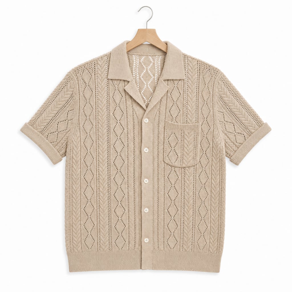 Camp Collar Shirt Men Textured Short Sleeve Relaxed Fit Beige – Product Photo