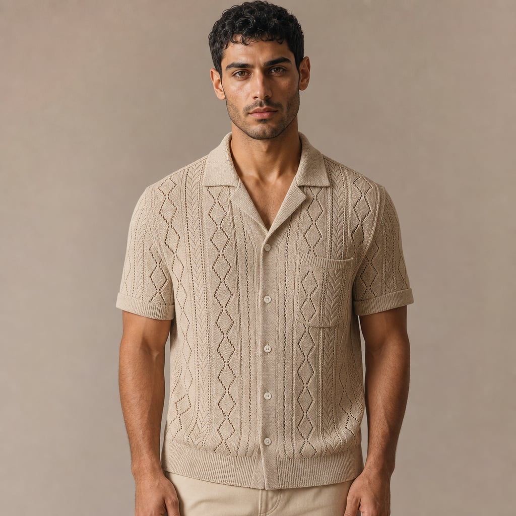 Camp Collar Shirt Men Textured Short Sleeve Relaxed Fit in Beige – Tarlano Premium Menswear