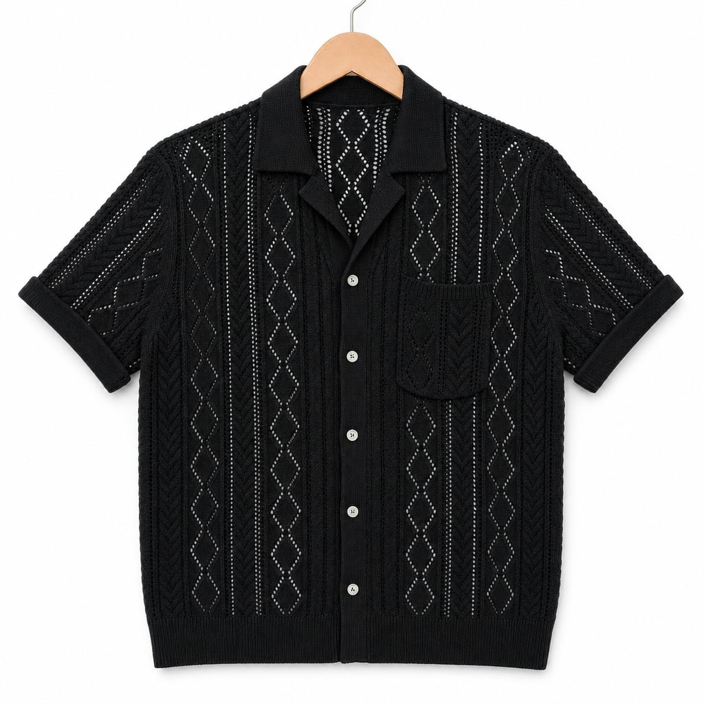 Camp Collar Shirt Men Textured Short Sleeve Relaxed Fit Black – Product Photo