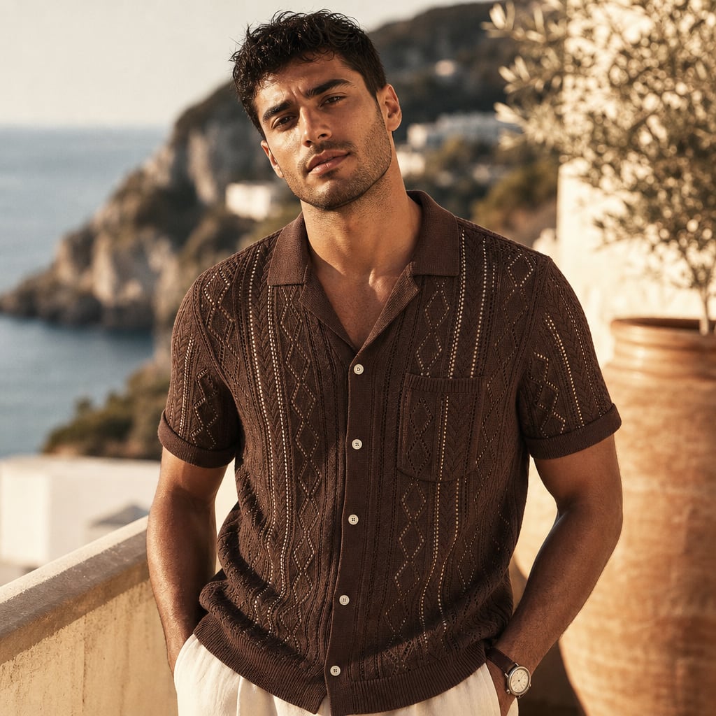 Camp Collar Shirt Men Textured Short Sleeve Relaxed Fit Brown – Styled Editorial Shot
