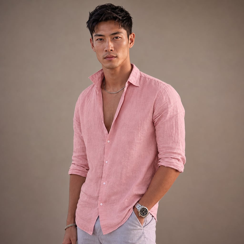 Classic Linen Button-Up Short Sleeve Shirt in White Pink – Side Angle View