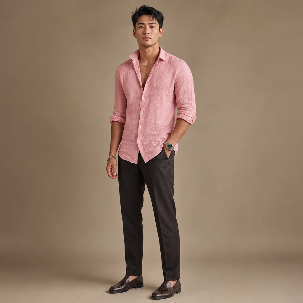 Classic Linen Button-Up Short Sleeve Shirt in White Pink – Full Look
