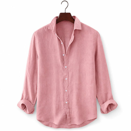 Classic Linen Button-Up Short Sleeve Shirt in White Pink – Product Photo