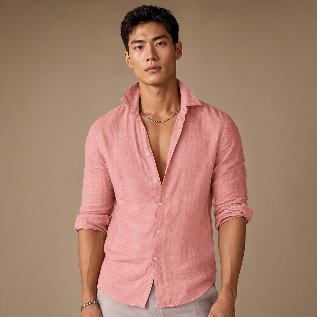 Classic Linen Button-Up Short Sleeve Shirt in White in Pink – Tarlano Premium Menswear