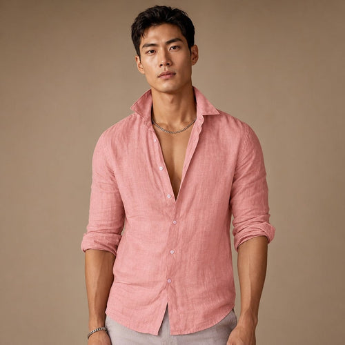 Classic Linen Button-Up Short Sleeve Shirt in White in Pink – Tarlano Premium Menswear