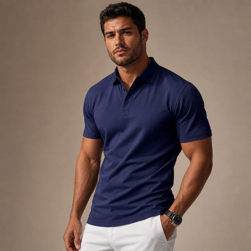 Classic Pique Polo Shirt in Black Blue – Side Angle View