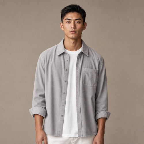 Corduroy-Style Ribbed Button-Front Shirt Long Sleeve Pointed Collar in Light Gray – Tarlano Premium Menswear