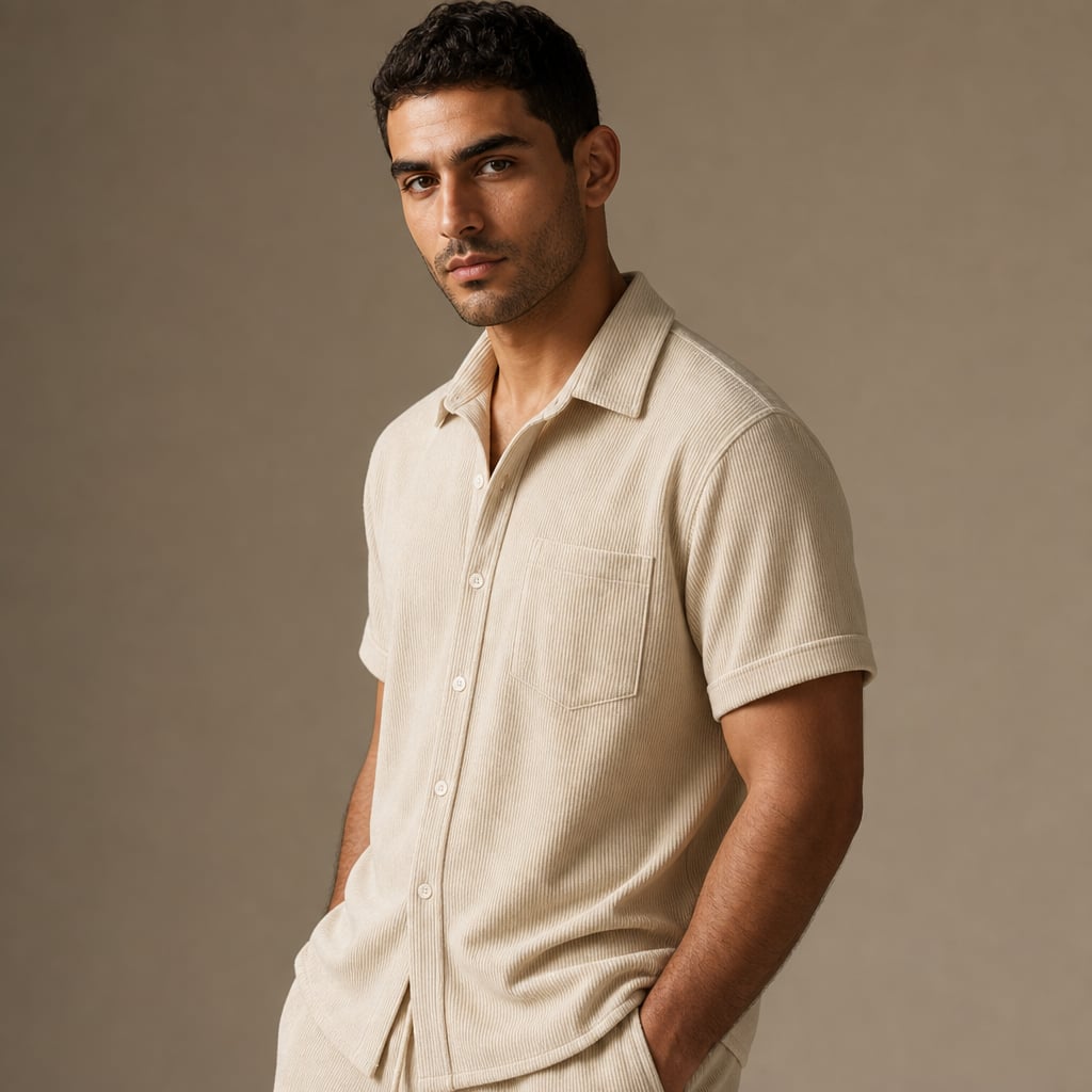 Corduroy Two-Piece Set Button Shirt and Drawstring Shorts Beige – Side Angle View