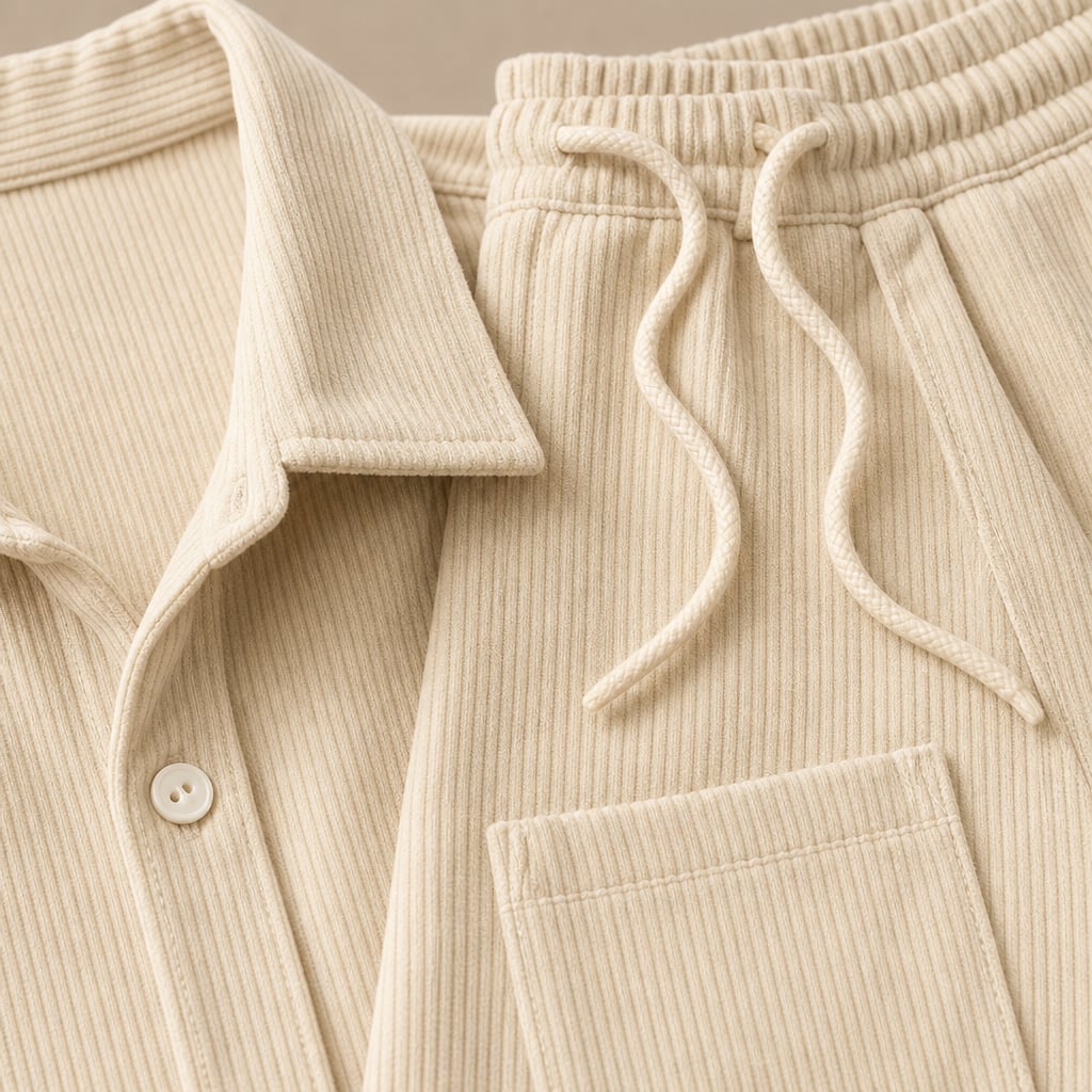 Corduroy Two-Piece Set Button Shirt and Drawstring Shorts Beige – Fabric and Detail Close-Up