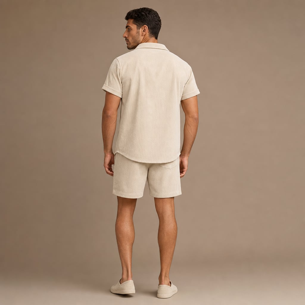 Corduroy Two-Piece Set Button Shirt and Drawstring Shorts Beige – Full Look