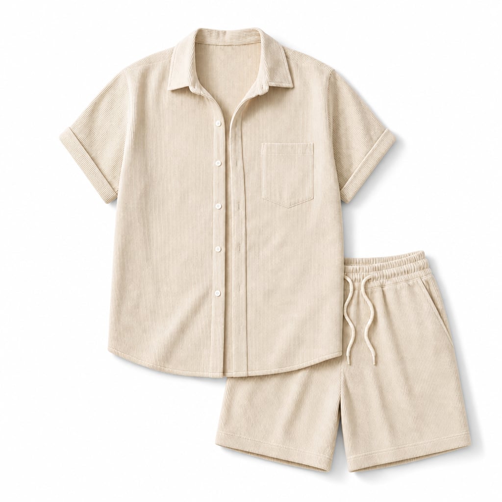 Corduroy Two-Piece Set Button Shirt and Drawstring Shorts Beige – Product Photo