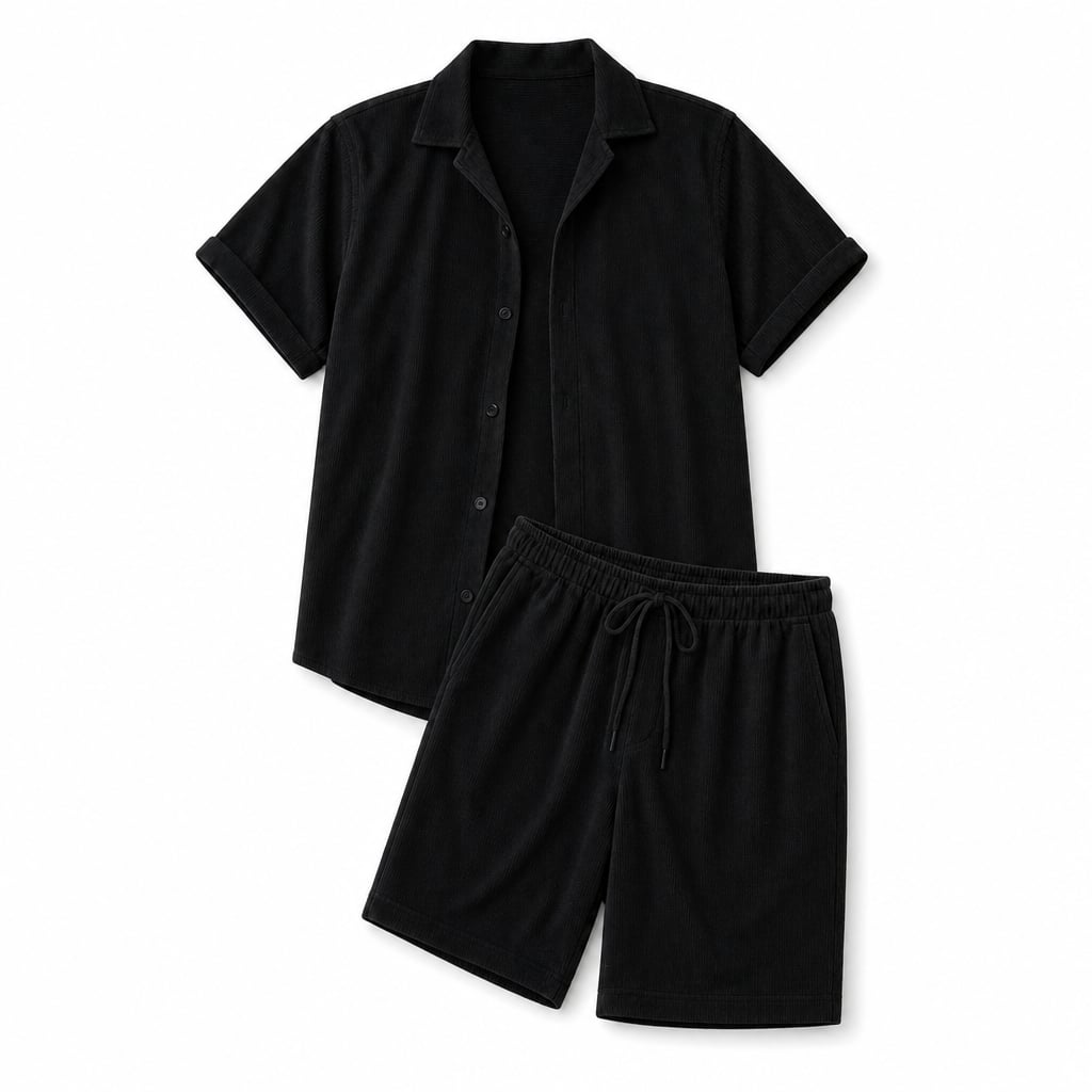 Corduroy Two-Piece Set Button Shirt and Drawstring Shorts Black – Product Photo