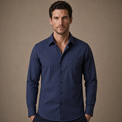 Cotton Striped Shirt Shop in Navy – Tarlano Premium Menswear