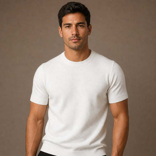 Crew Neck Merino Wool Blend Tee Tailored Fit in White – Tarlano Premium Menswear