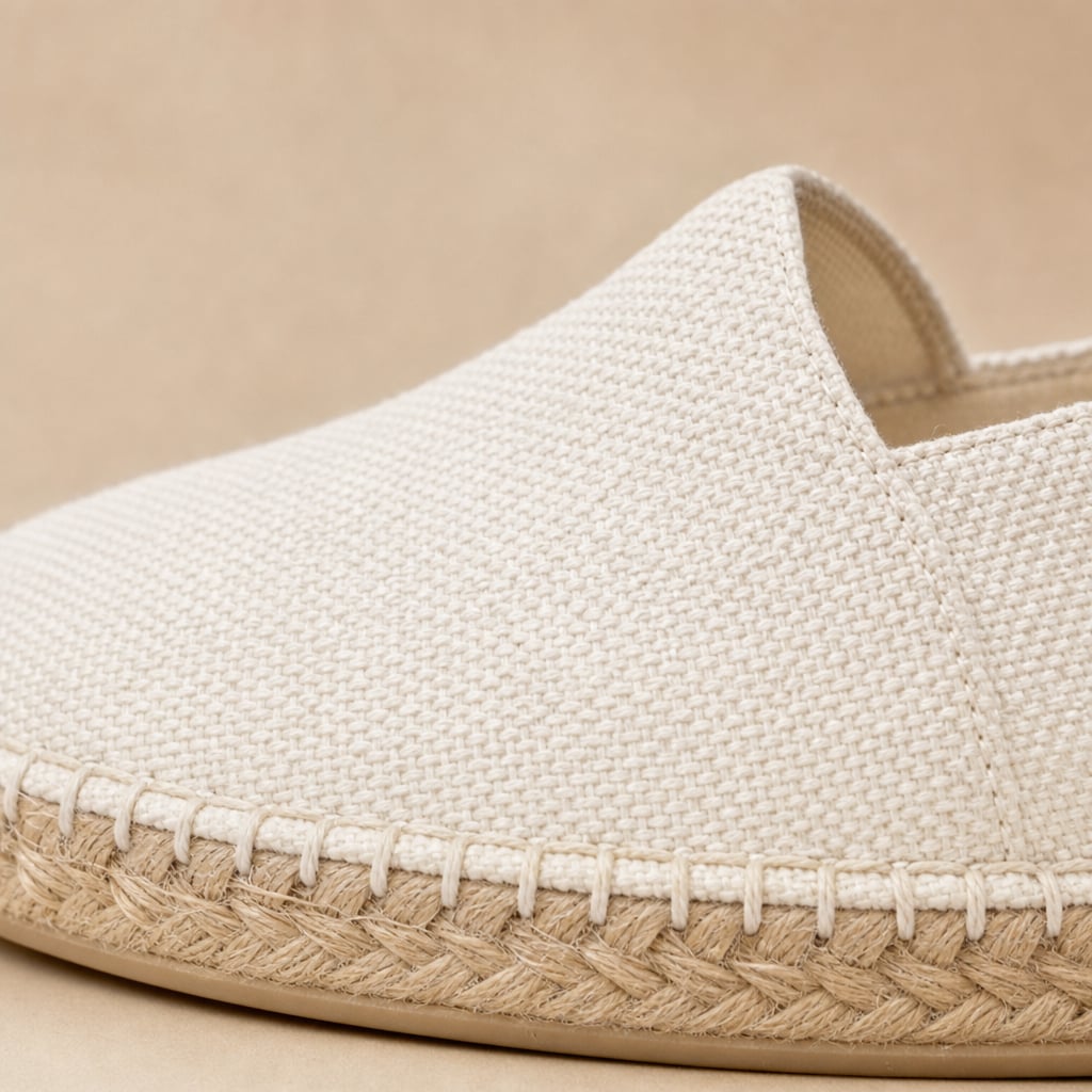 Espadrilles Men Jute Sole Slip-On Orthopedic Cushioned White – Fabric and Detail Close-Up