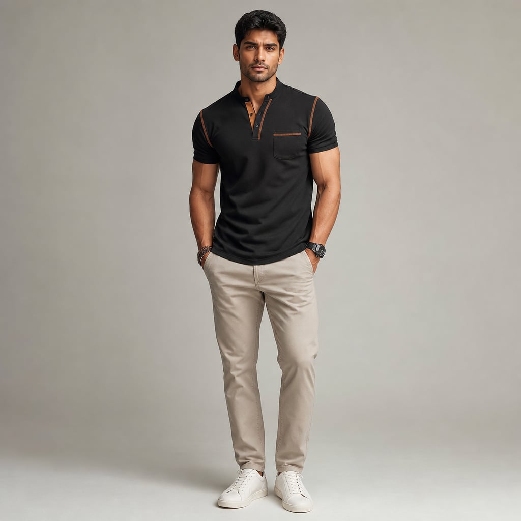 Knit Polo Shirt Band Collar Chest Pocket Short Sleeve Black – Full Look