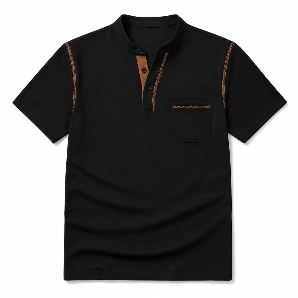 Knit Polo Shirt Band Collar Chest Pocket Short Sleeve Black – Product Photo