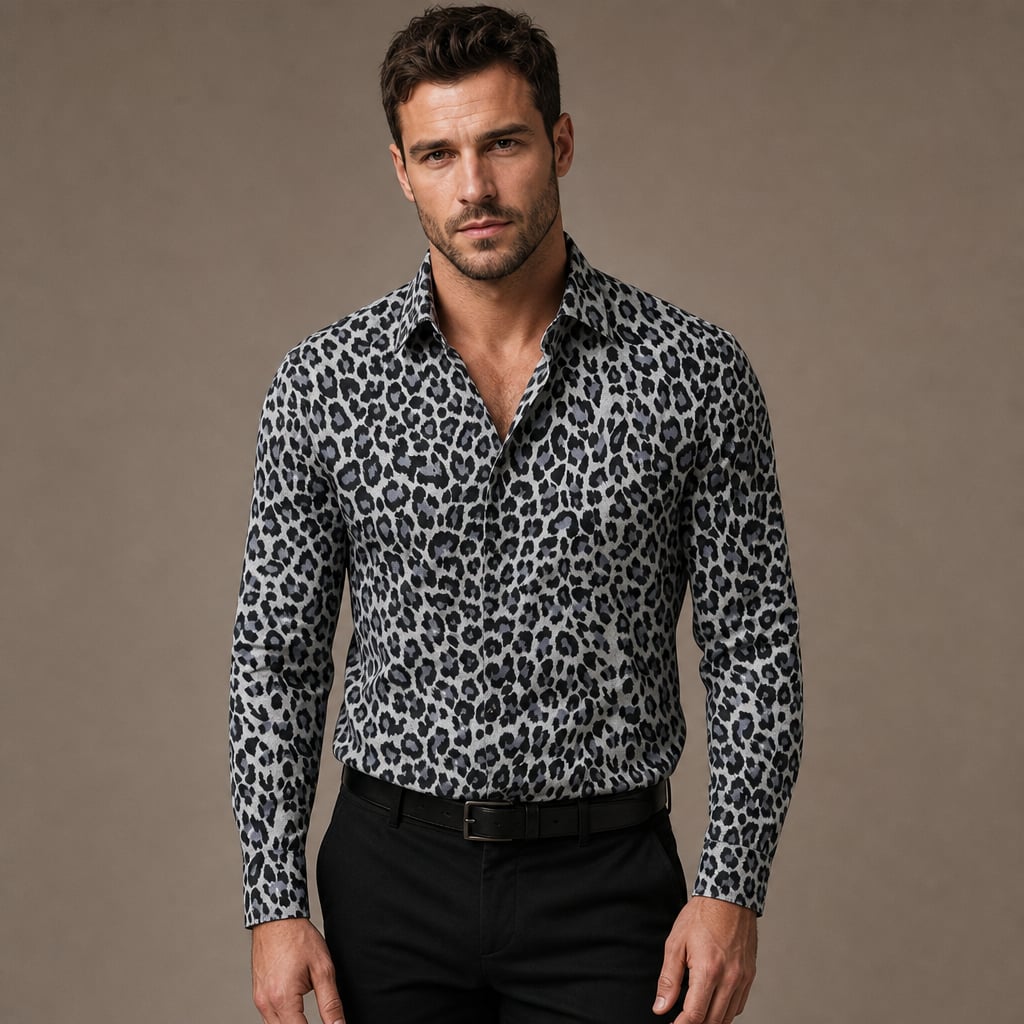 Leopard Print Graphic Shirt Button-Down Camp Collar in Gray – Tarlano Premium Menswear