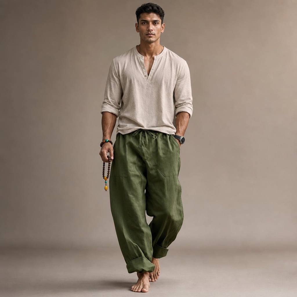 Linen Blend Drawstring Trousers Relaxed Fit in Army Green – Tarlano Premium Menswear