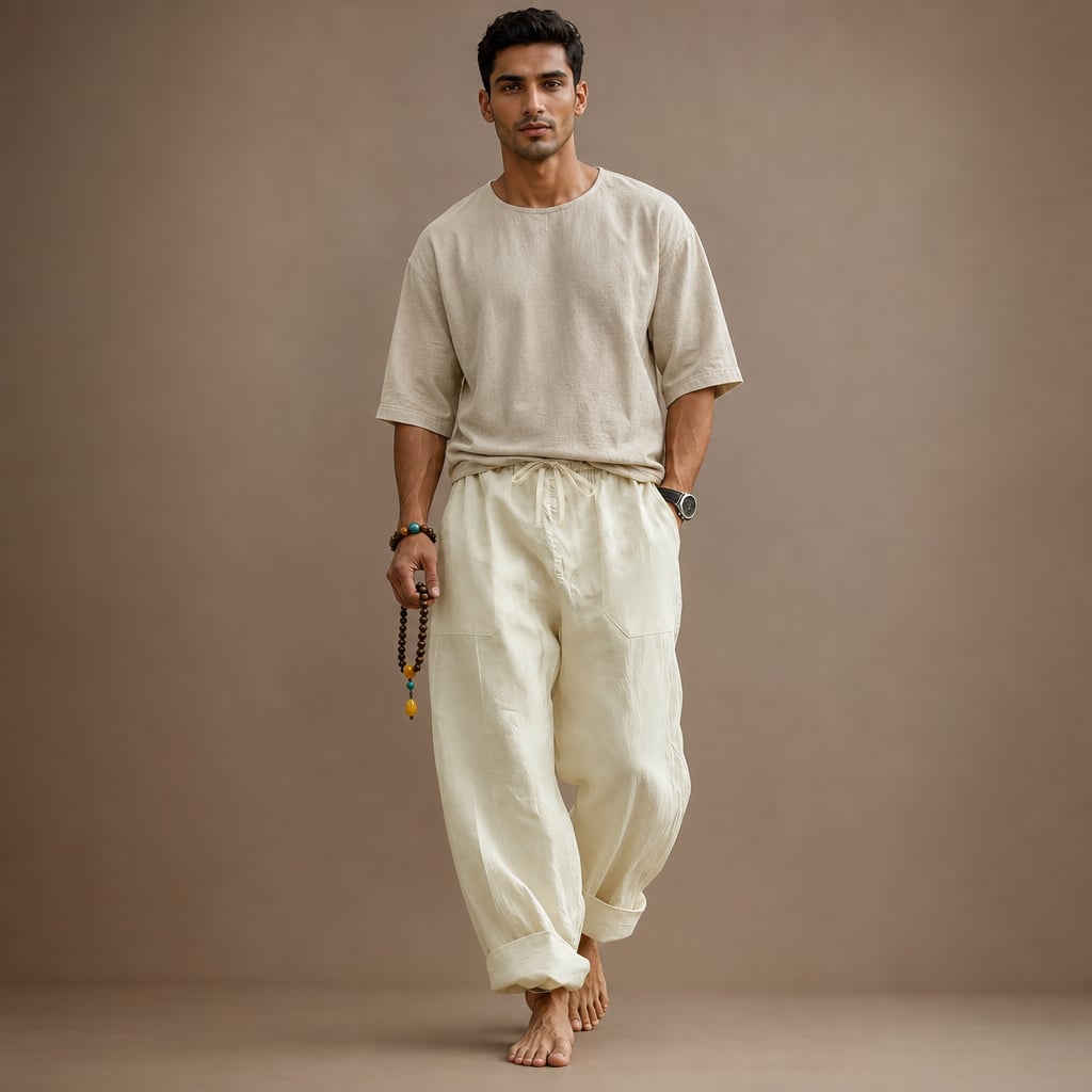 Linen Blend Drawstring Trousers Relaxed Fit in Beige – Tarlano Premium Menswear