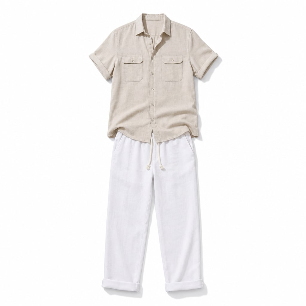 Linen Pants Men Utility Shirt Set 2-Piece Smart Casual Beige – Product Photo