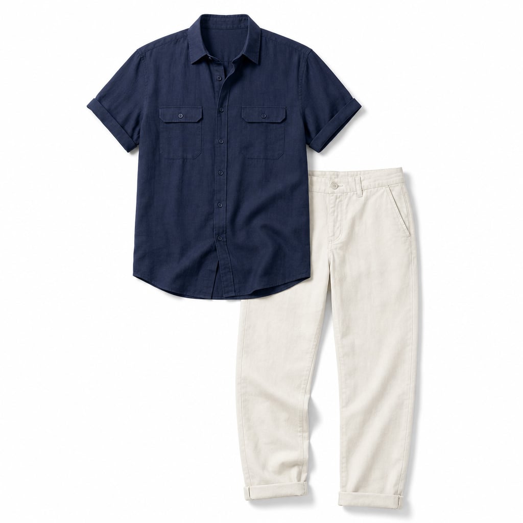 Linen Pants Men Utility Shirt Set 2-Piece Smart Casual Navy – Product Photo