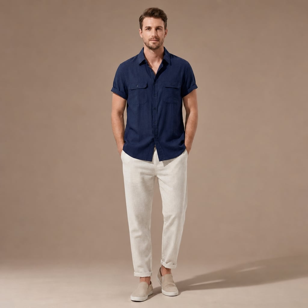 Linen Pants Men Utility Shirt Set 2-Piece Smart Casual in Navy – Tarlano Premium Menswear