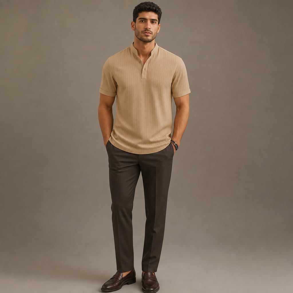 Linen Popover Band Collar Short Sleeve Shirt in Black Khaki – Full Look