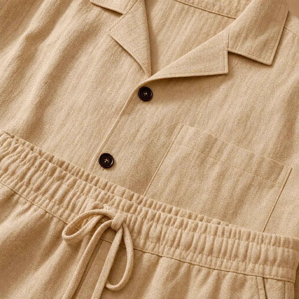Linen Shirt and Shorts Set Regular Fit Short Sleeve Co-ord Apricot – Fabric and Detail Close-Up
