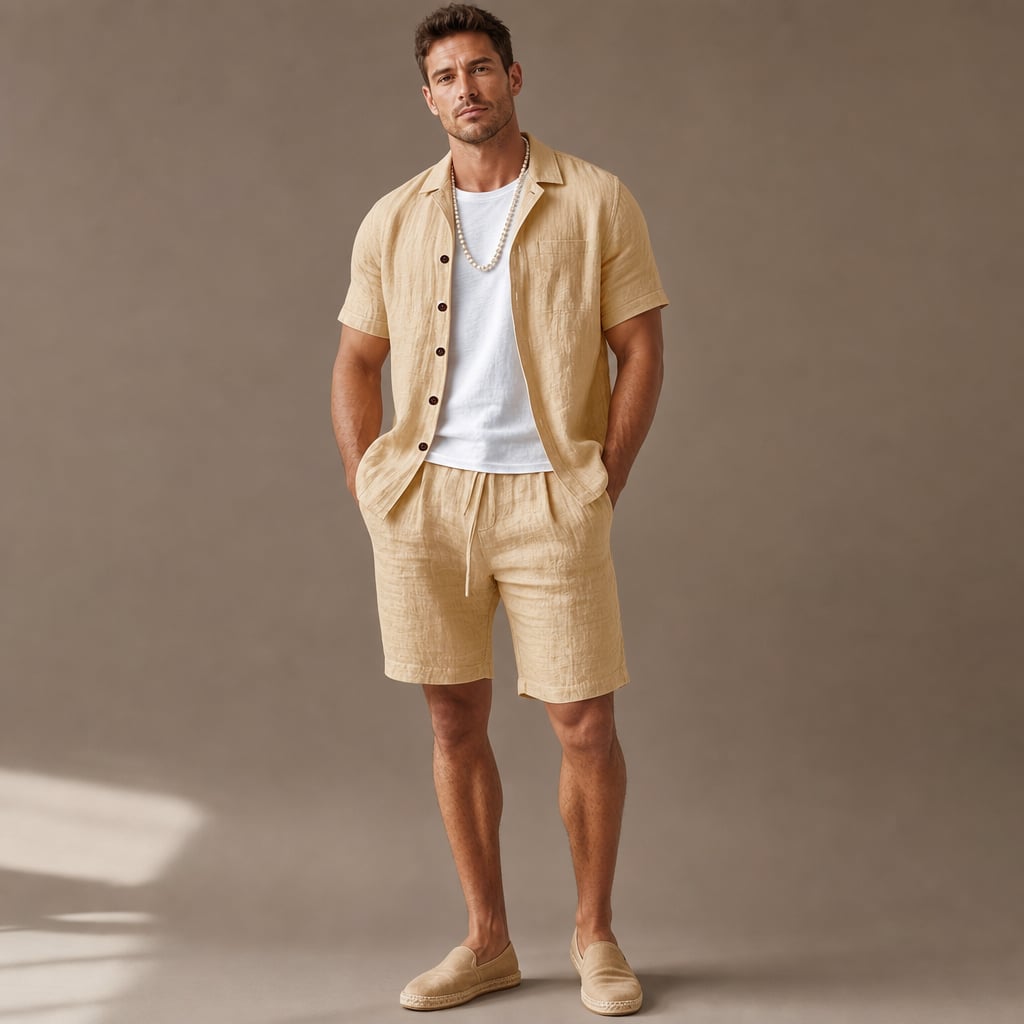 Linen Shirt and Shorts Set Regular Fit Short Sleeve Co-ord Apricot – Product Photo