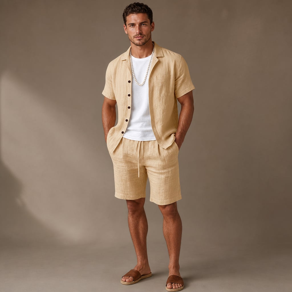 Linen Shirt and Shorts Set Regular Fit Short Sleeve Co-ord in Apricot – Tarlano Premium Menswear