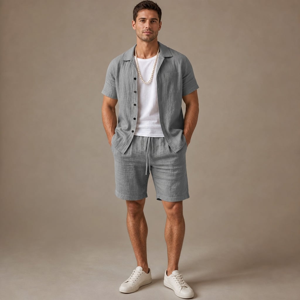 Linen Shirt and Shorts Set Regular Fit Short Sleeve Co-ord Gray – Product Photo